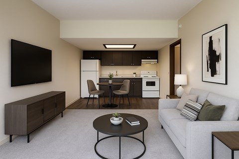 A modern living room with a grey couch, a black coffee table, and a flat screen TV mounted on the wall.