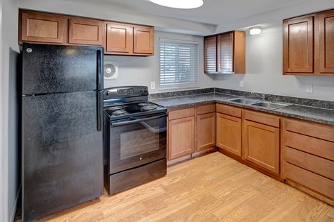 A black fridge and oven in a kitchen with wooden cabinets.