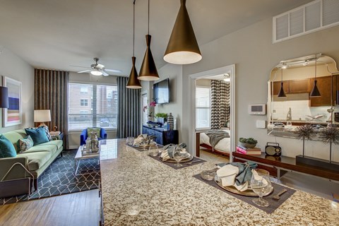 A modern living room with a large rug and a kitchen area in the background.