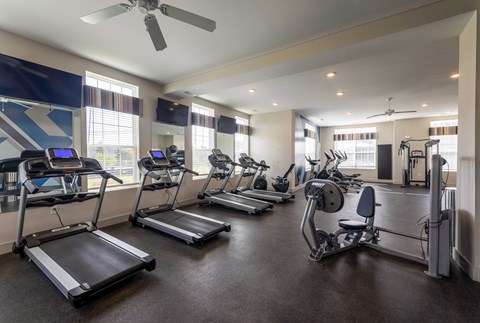 A gym with treadmills, exercise bikes, and other equipment.