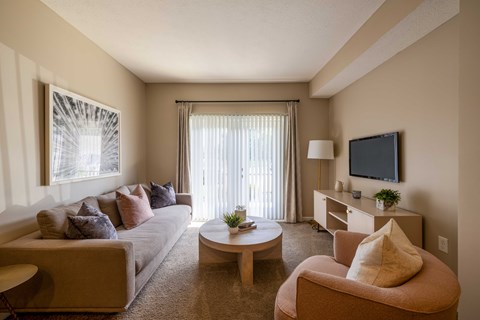 A living room with a couch, a chair, a coffee table, and a television.