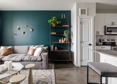 A living room with a grey couch and a grey ottoman.