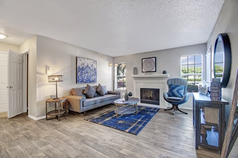 A living room with a grey couch, a fireplace, and a blue rug.