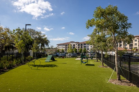 A park with a green lawn and a playground.
