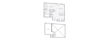 A floor plan of a room with a living room, dining room, kitchen, and bathroom.