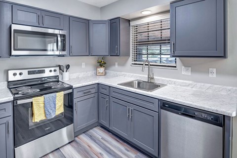 A kitchen with a stove, oven, microwave, and dishwasher.
