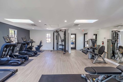 A gym with treadmills, weights, and exercise equipment.