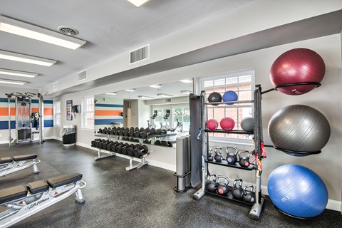 A gym with a variety of equipment including weights, kettlebells, and exercise balls.