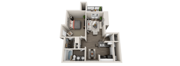 A 3D floor plan of a small apartment with a kitchen, living room, and bedroom.