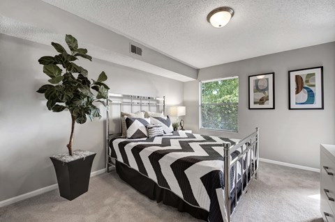 A bedroom with a bed, a potted plant, and two pictures on the wall.