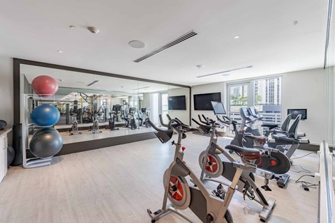 A gym with a mirror, exercise balls, and stationary bikes.
