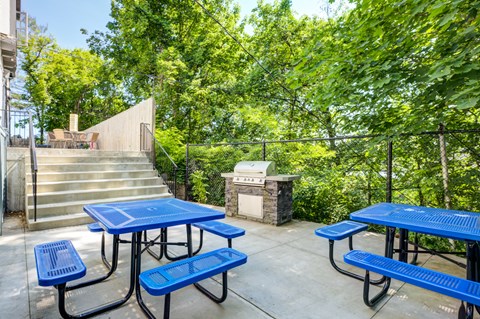 A set of outdoor tables and benches are surrounded by trees.