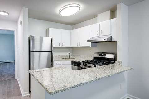 A kitchen with a granite countertop and stainless steel appliances.