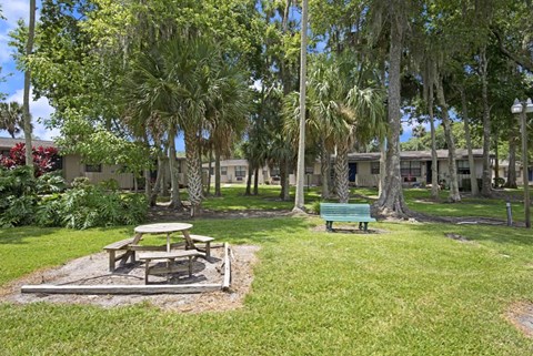 A picnic table sits in the middle of a grassy area with a bench to the side.