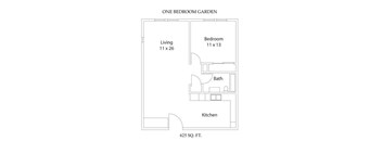 A floor plan of a one bedroom garden apartment.