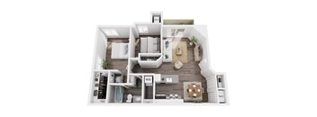 A 3D floor plan of a home with a kitchen, living room, and bathroom.