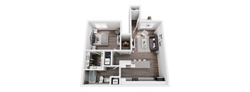 A top down view of a small apartment with a kitchen, living room, and bathroom.