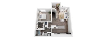 A top-down view of a small apartment with a bedroom, living room, and kitchen.