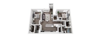 A detailed 3D floor plan of a two-bedroom apartment.