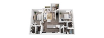 A top-down view of a modern apartment layout.