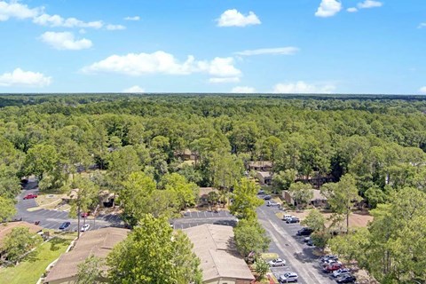 A bird's eye view of a residential area with houses, trees, and a parking lot.