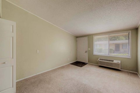 A room with a carpeted floor and a window with blinds.