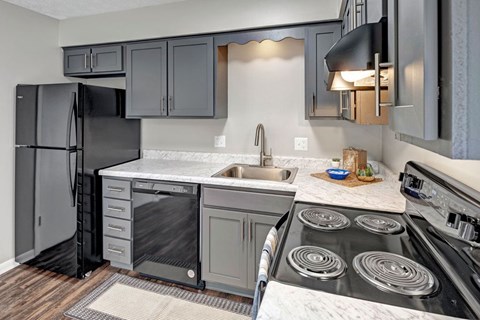 A kitchen with a black refrigerator and stove top oven.