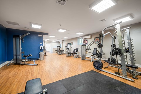 A gym with a variety of equipment including a weight bench, a leg press machine, and a squat rack.