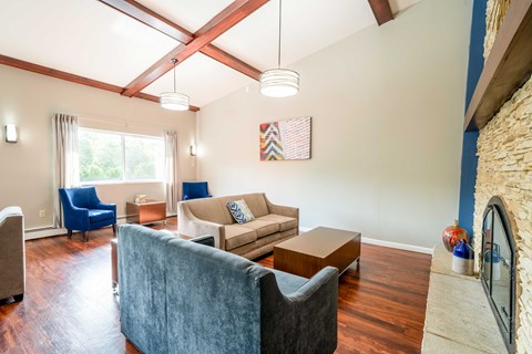 A living room with a blue chair and a brown couch.