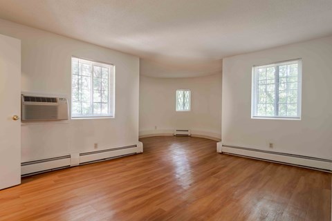 A room with wooden floors and two windows.