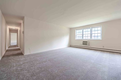 A room with a carpeted floor, a window, and a door.
