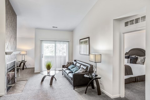 A living room with a grey couch and a white wall.