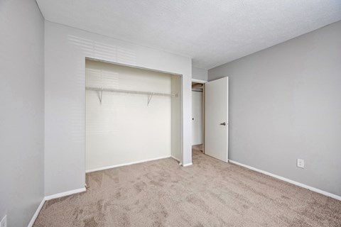 A bedroom with a carpeted floor and a closet with a white door.
