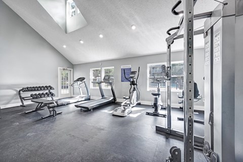 A spacious gym with a variety of equipment including a treadmill, weights, and a bench press.