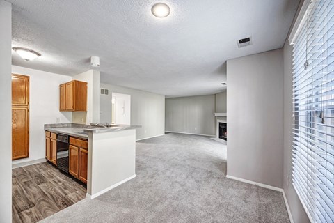 A kitchen with white walls and wooden cabinets.