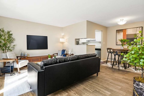 A black couch sits in a living room with a television mounted on the wall.
