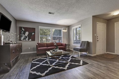 A living room with a red couch and a television.