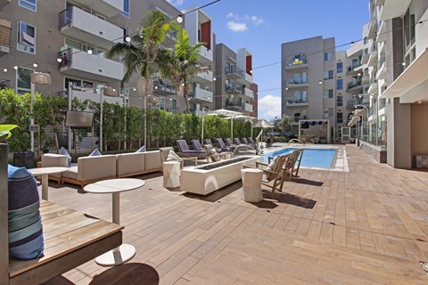 A patio with a pool surrounded by buildings.