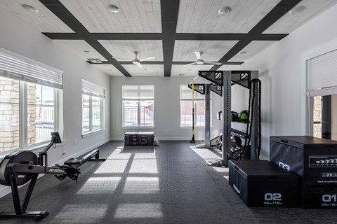 A gym with a rowing machine, a bench, and a boxing ring.