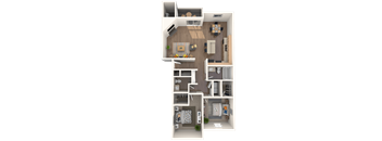 A detailed 3D floor plan of a small apartment.