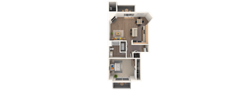 A 3D floor plan of a house with a kitchen, living room, dining room, and two bedrooms.