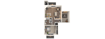 A 3D floor plan of a house with a kitchen, living room, and two bedrooms.