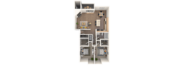 A 3D floor plan of a small apartment with a kitchen, living room, and bedrooms.