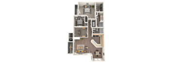 A 3D floor plan of a small apartment with a kitchen, living room, and bathroom.