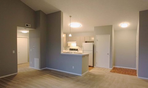 A kitchen area with a counter and a sink.