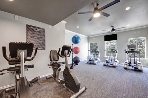 A gym with a variety of exercise equipment including treadmills, stationary bikes, and elliptical machines.