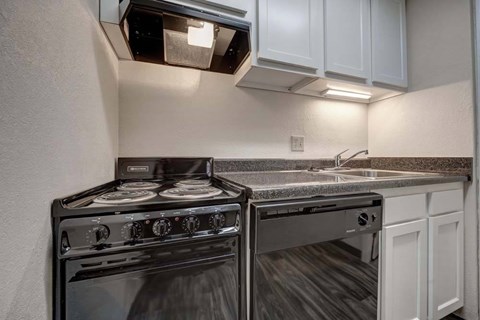A modern kitchen with a stove and oven.