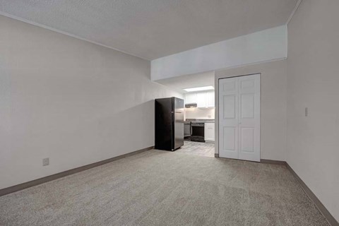 A room with a black refrigerator and a white door.
