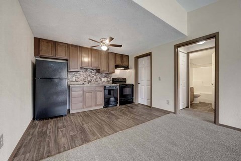 A kitchen with a black fridge and a black countertop.