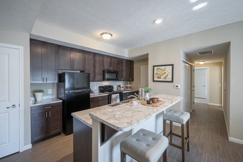A kitchen with a black refrigerator and a marble countertop.